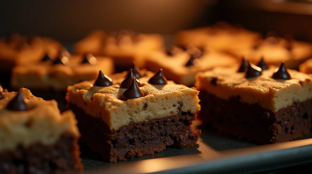 Browkies baking in the oven, with the brownie base rising and the cookie top turning golden brown, creating the perfect combination of textures