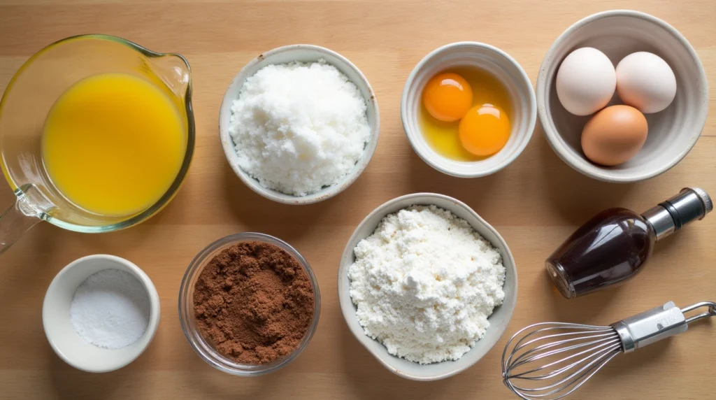 Ingredients for the brownie layer of browkies, including butter, sugar, eggs, vanilla, cocoa powder, flour, salt, and baking powder, arranged on a wooden counter