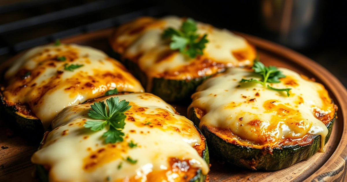 A close-up of cheesy garlic zucchini steaks with melted cheese and fresh parsley on a rustic plate