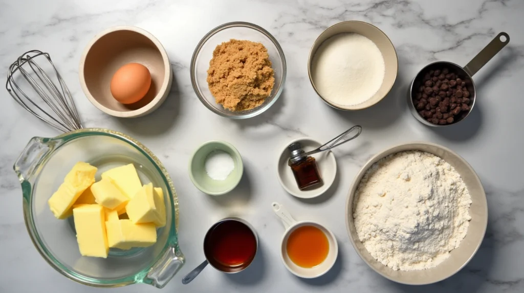 Ingredients for the cookie dough layer of browkies, featuring butter, sugars, egg, vanilla, flour, baking soda, salt, and chocolate chips, neatly arranged on a kitchen counter
