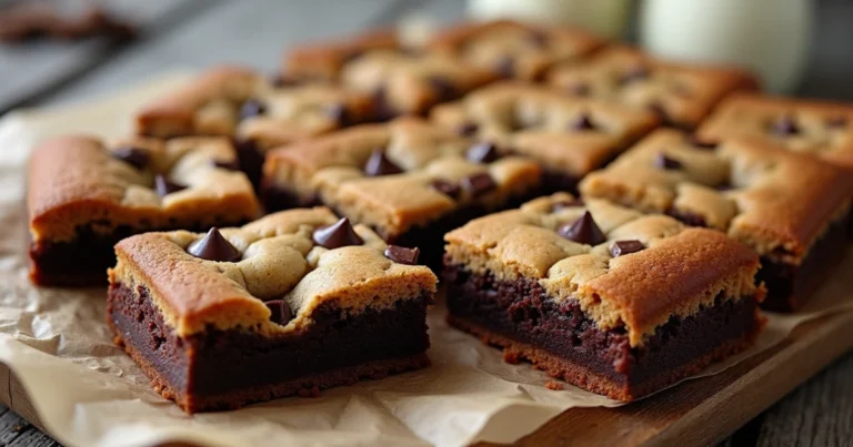A batch of fudgy chewy browkies with a gooey brownie base and a golden cookie top, sliced into squares and served on a wooden table.