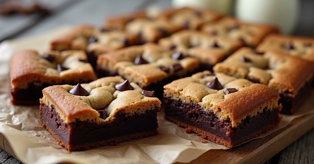 A batch of fudgy chewy browkies with a gooey brownie base and a golden cookie top, sliced into squares and served on a wooden table.