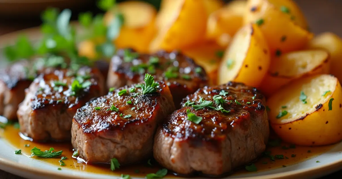 A plate of garlic butter steak bites with crispy golden potatoes, garnished with fresh parsley, served on a wooden table.