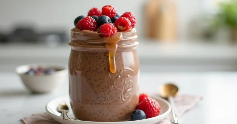 A rich and creamy chocolate chia pudding in a ceramic bowl, garnished with berries, coconut flakes, and chocolate shavings.