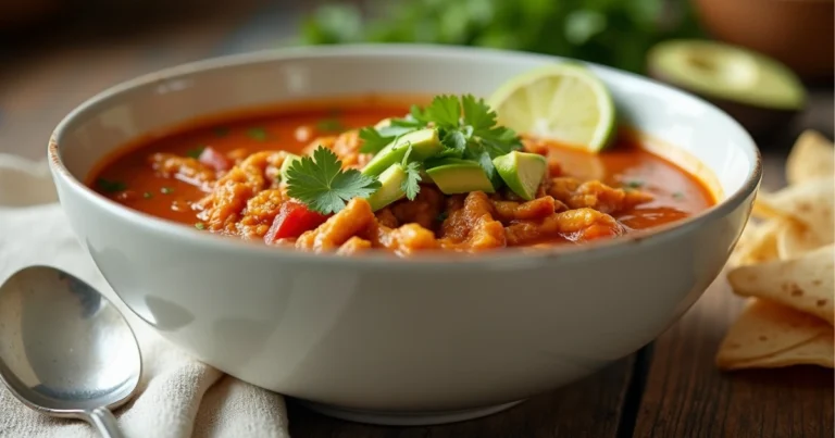 A table setup with a serving bowl of Chopt Spicy Chicken Soup surrounded by toppings like cheese, avocado, cilantro, and lime wedges, ready to customize