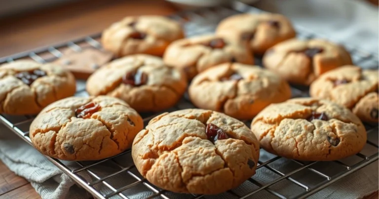 Golden brown date cookies with visible date chunks, cooling on a metal rack in a cozy kitchen setting.
