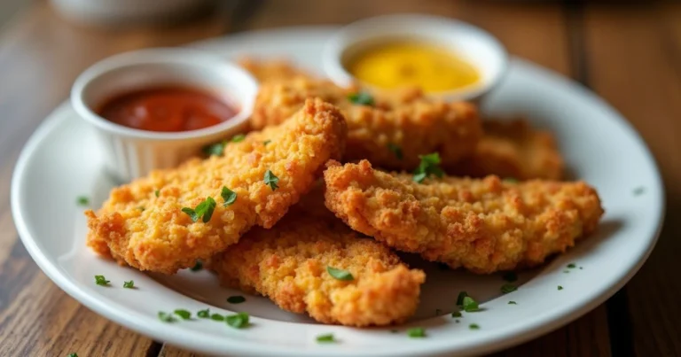 Golden brown corn flakes chicken tenders served with dipping sauces on a white plate.