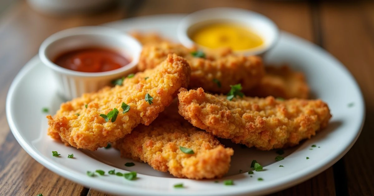 Golden brown corn flakes chicken tenders served with dipping sauces on a white plate.