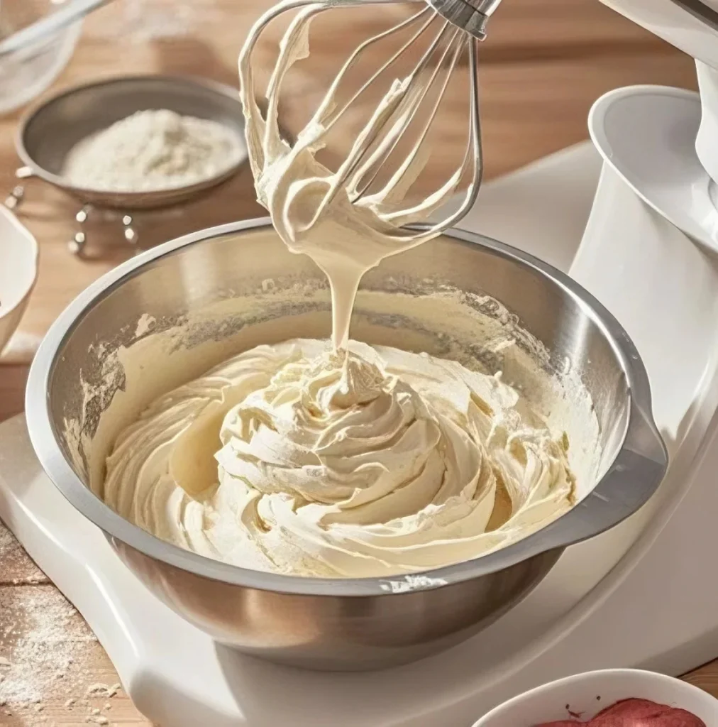 Freshly whipped cream cheese frosting being mixed in a bowl for a red velvet cake recipe