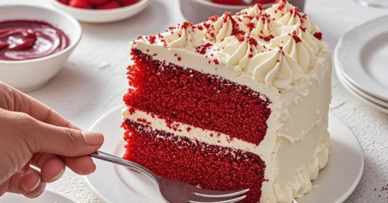 A close-up of a moist red velvet cake slice layered with rich cream cheese frosting on a white plate