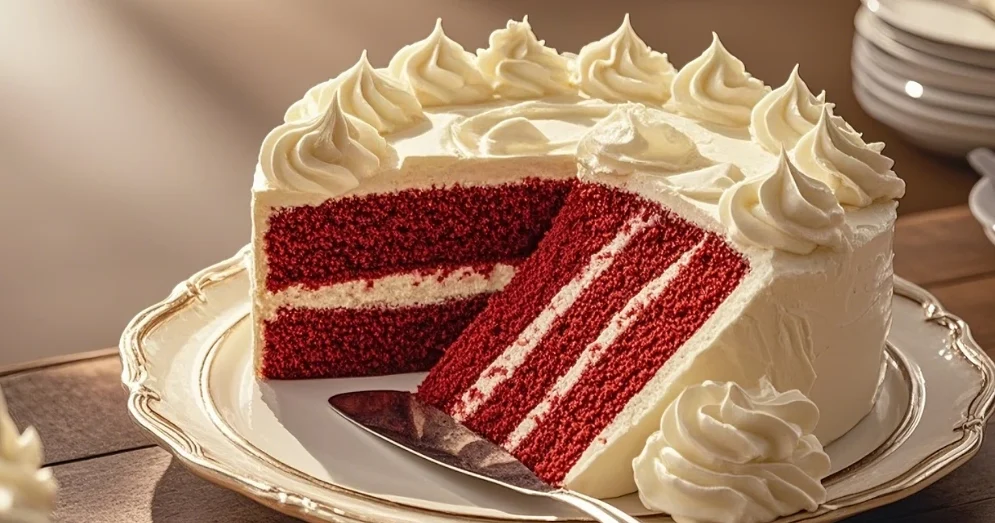 A full red velvet cake with creamy frosting and a vibrant red interior, displayed on a cake stand