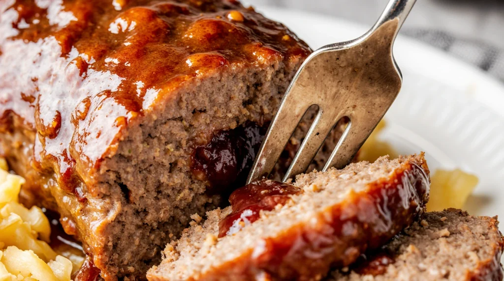 A close-up of juicy meatloaf being sliced to show its moist and savory texture